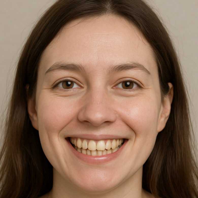 Woman with long brown hair smiling against a plain background
